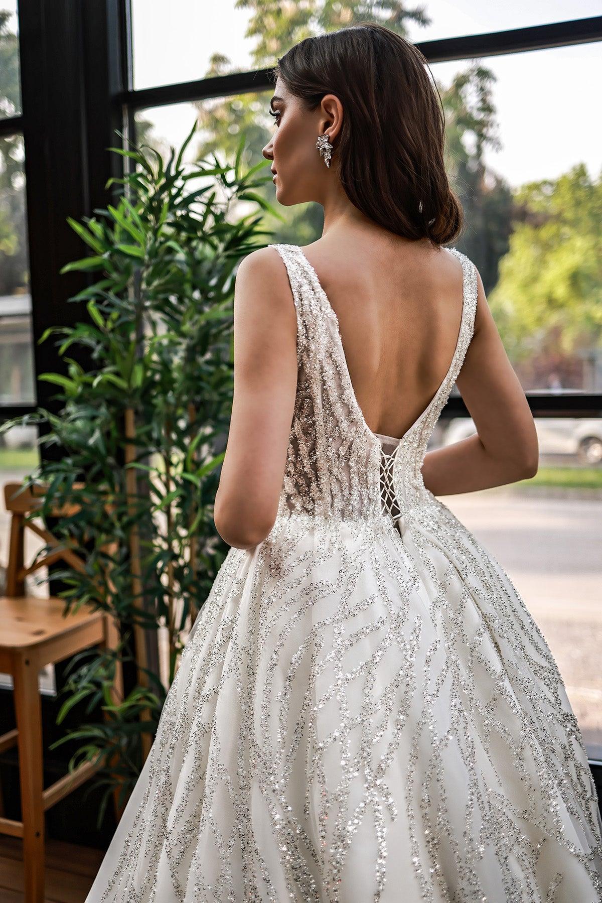 Hagor Askılı Çizgisel Dantelli Prenses Model Gelinlik - Mediha Cambaz Bridal
