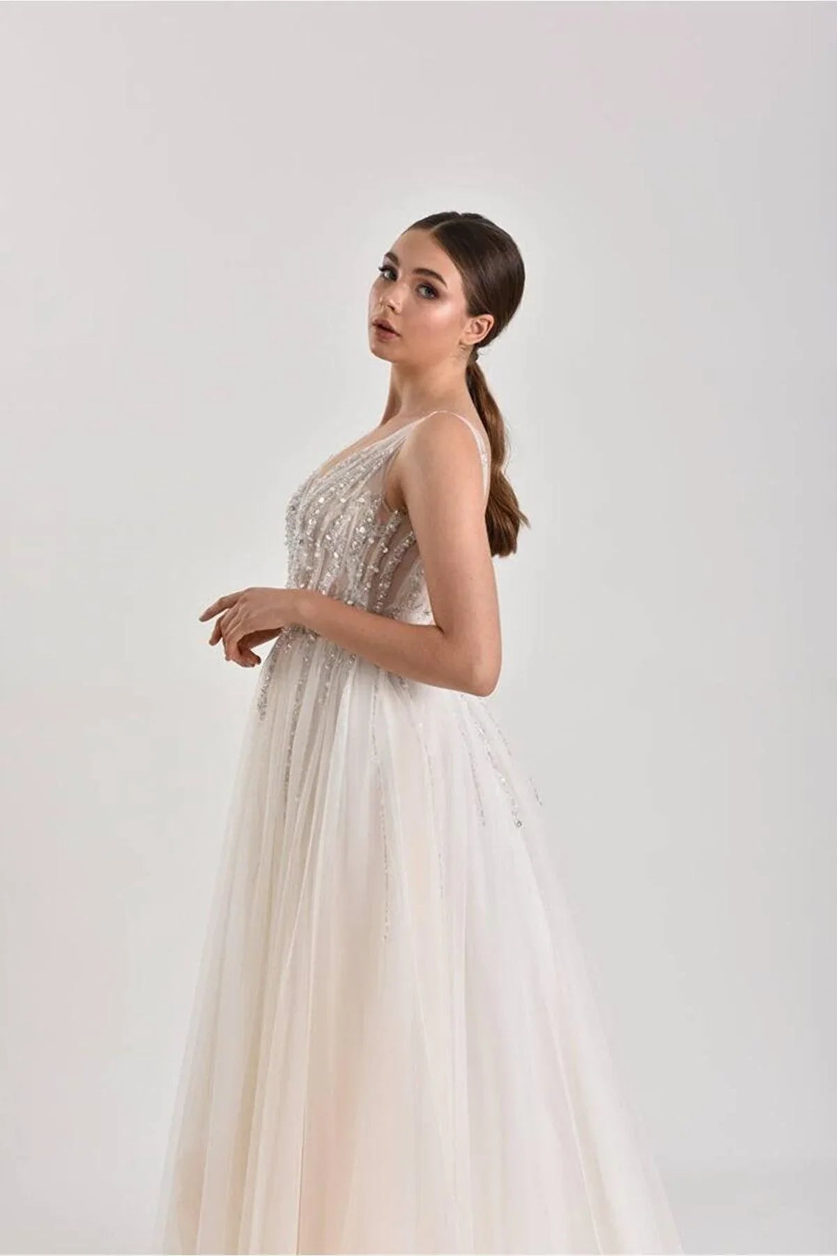 Herac Drapeli Çizgili Dantel A Kesim Gelinlik - Mediha Cambaz Bridal