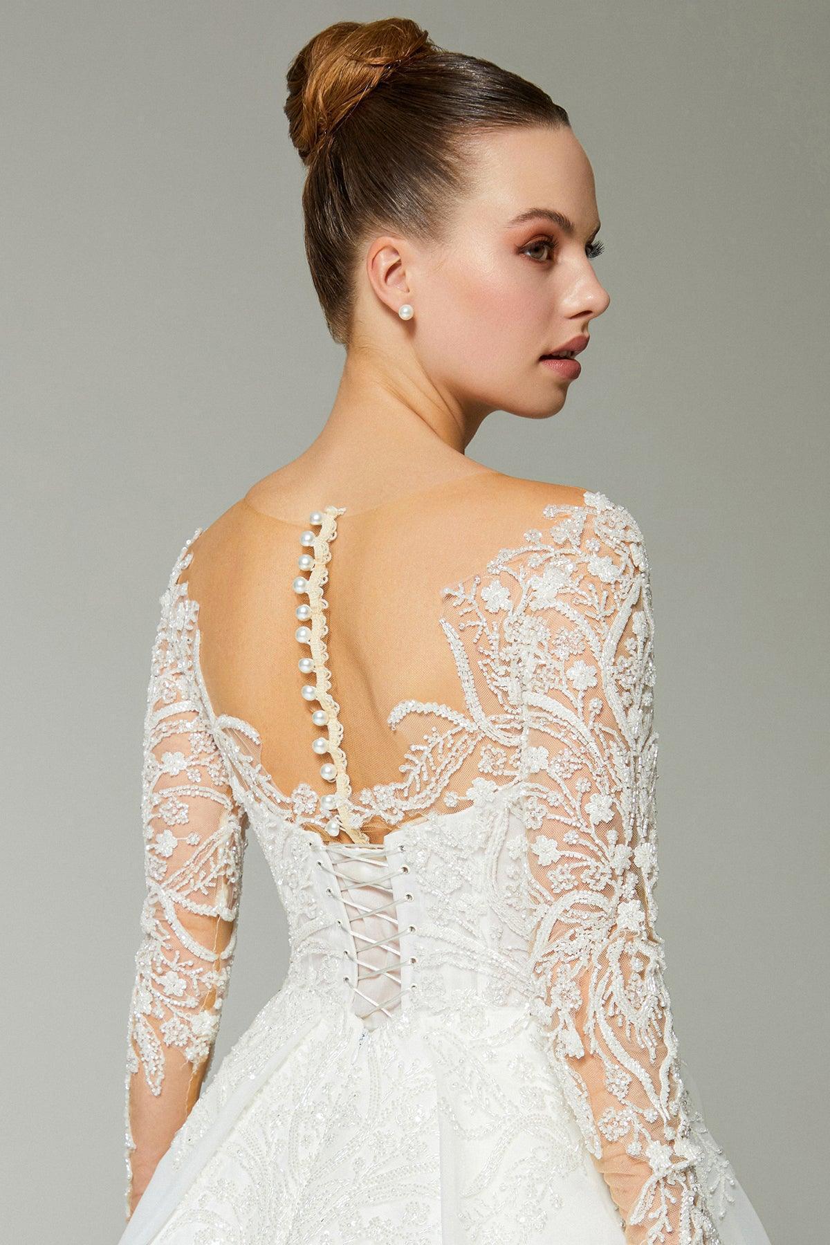 Hermione Boncuk İşlemeli Dantelli A Kesim Gelinlik - Mediha Cambaz Bridal