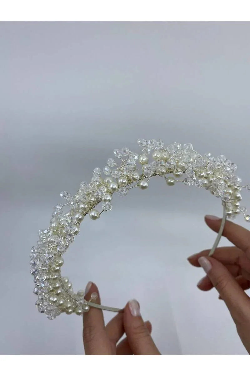 İncili Kristalli Telli Klasik Taç - Mediha Cambaz Bridal
