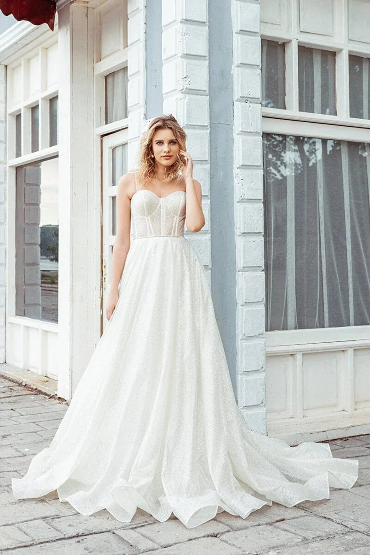 Italy Light Simli Tül Modern A Kesim Gelinlik - Mediha Cambaz Bridal