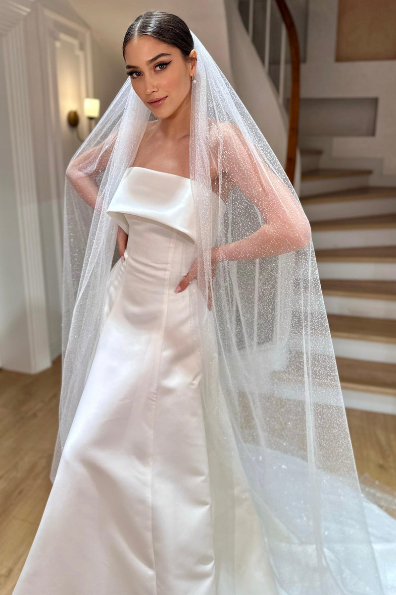 Joanne Kırık Beyaz Büzgülü Simli Uzun Duvak - Mediha Cambaz Bridal