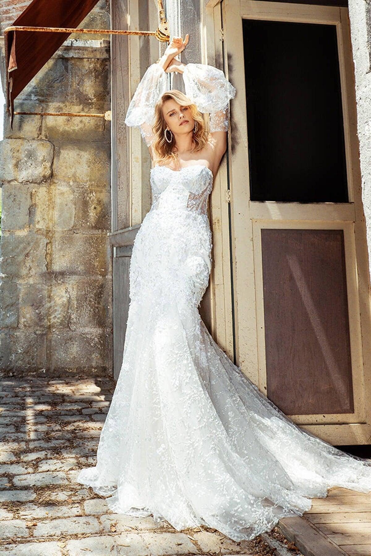 Leata Three-Dimensional Lace Balloon Sleeve mermaid Wedding Dress ...