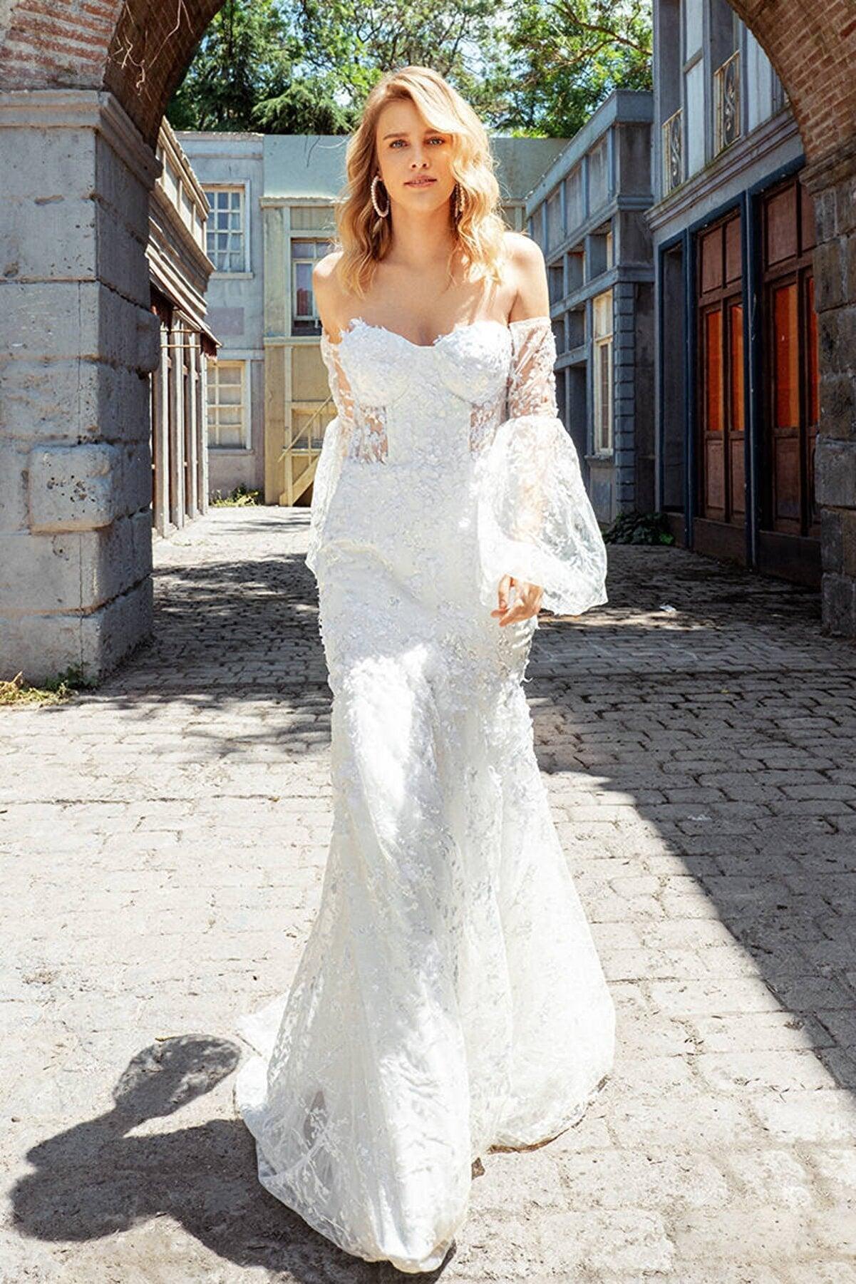 Leata Üç Boyutlu Balon Kol Balık Gelinlik - Mediha Cambaz Bridal