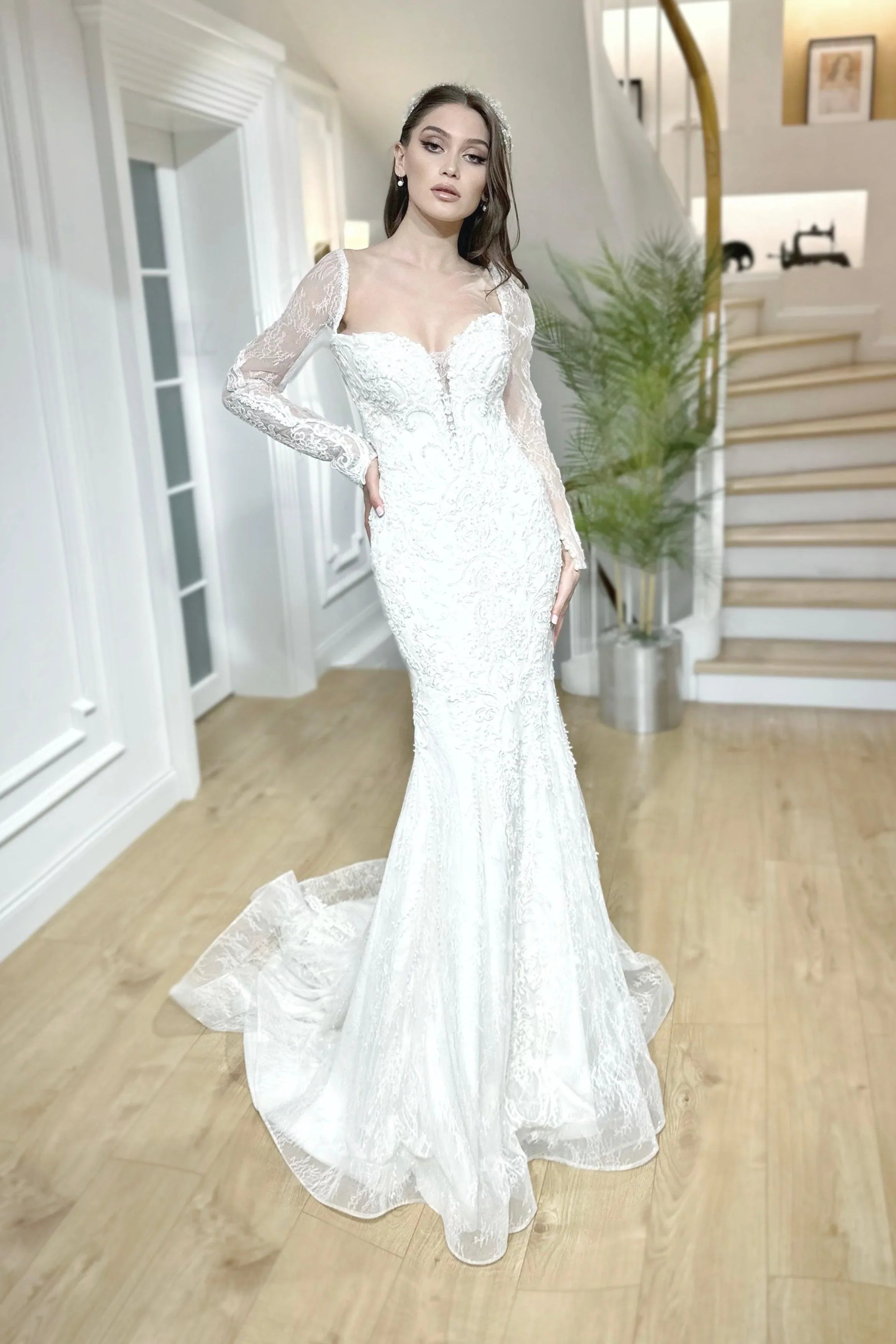 Libra Fransız Dantelli Uzun Kollu Balık Gelinlik - Mediha Cambaz Bridal
