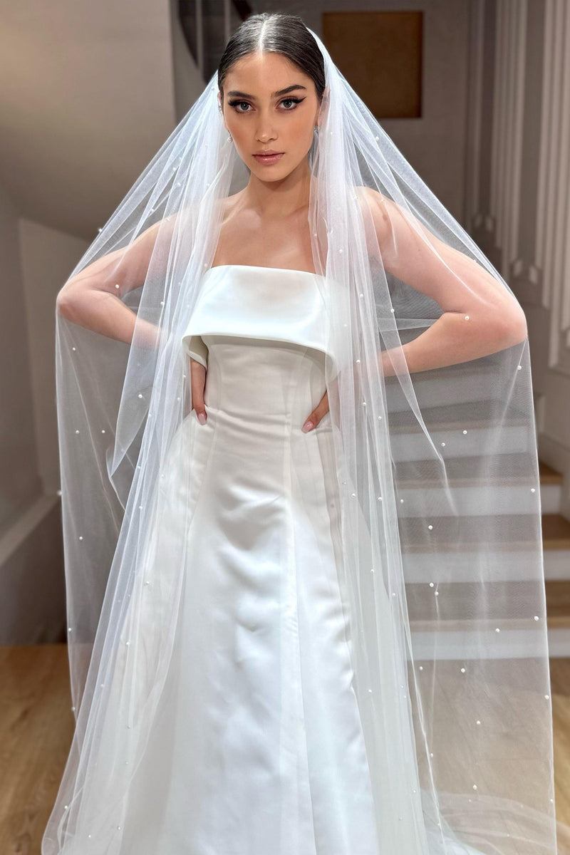 Matilda Kırık Beyaz Seyrek İnci İşlemeli Uzun Duvak - Mediha Cambaz Bridal