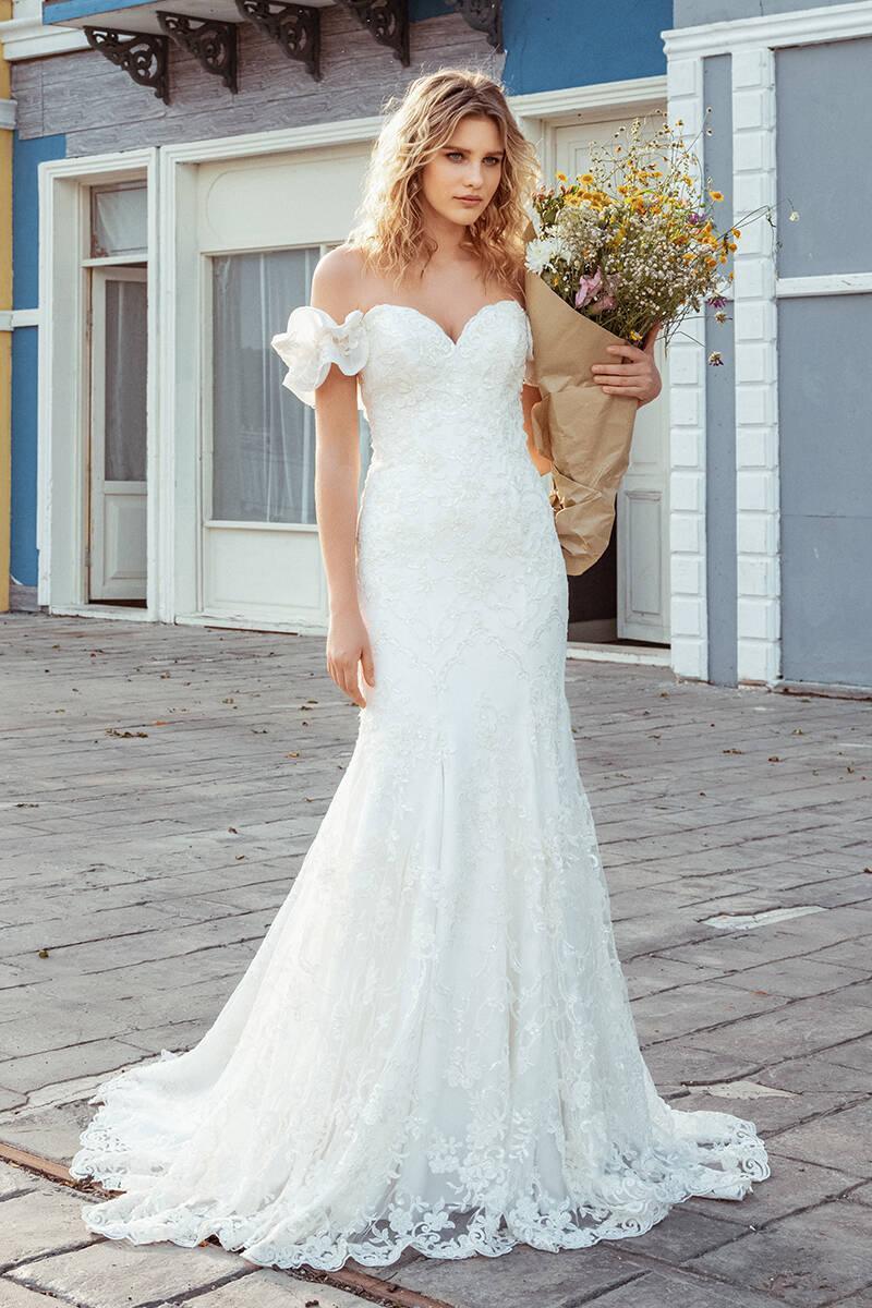 Nessla Işıltılı Fırfır Kollu Kalp Yaka Balık Gelinlik - Mediha Cambaz Bridal