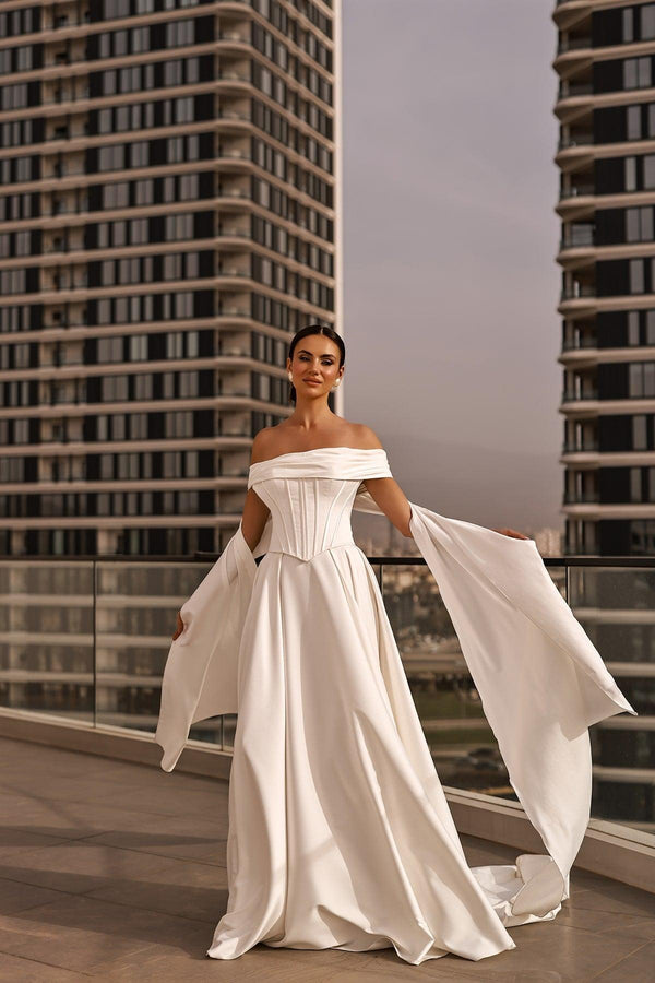 Nicole Straplez Drape Detaylı Saten A Kesim Gelinlik - Mediha Cambaz Bridal