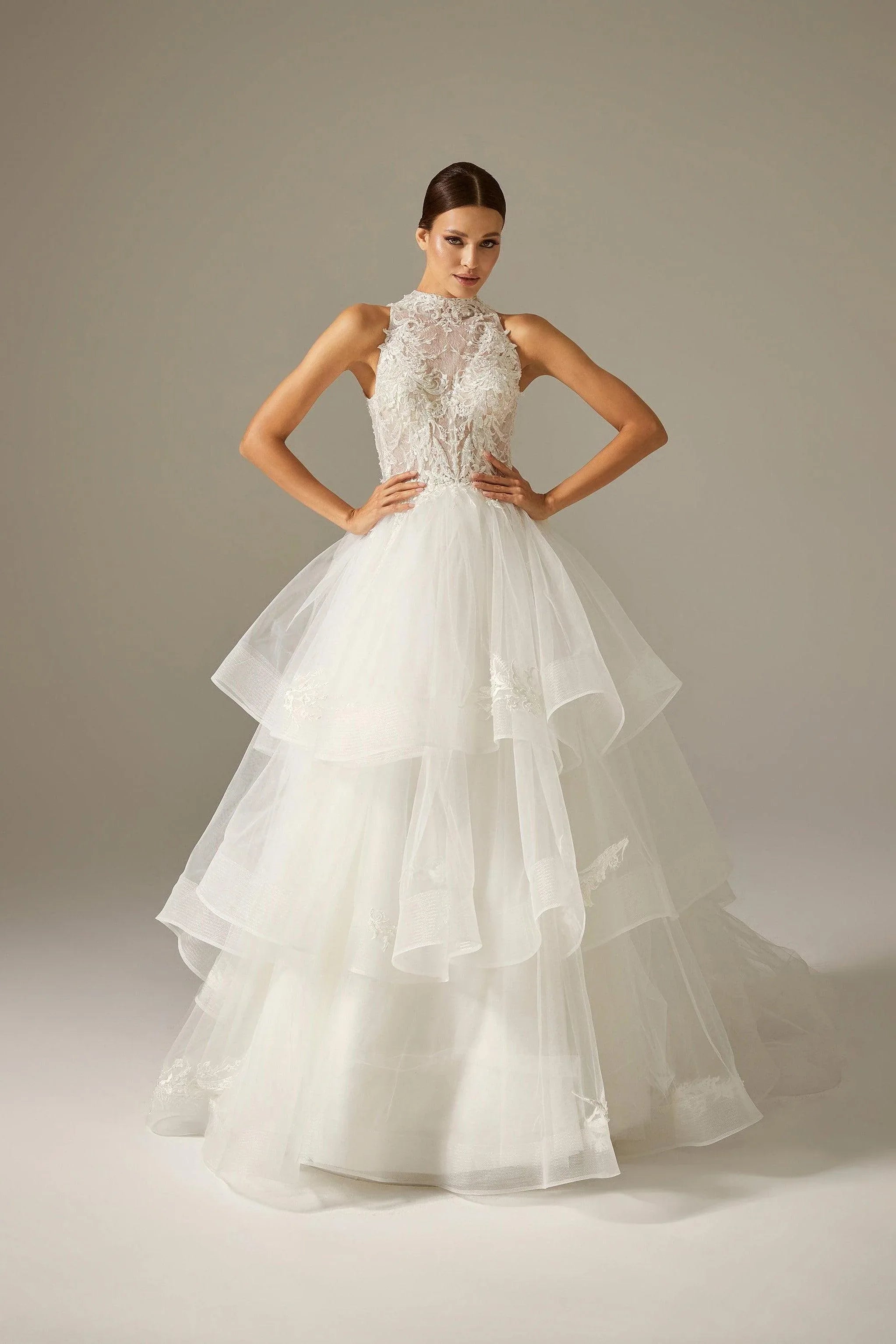Ortega Halter Yaka Dantel Tül Bohem Gelinlik - Mediha Cambaz Bridal