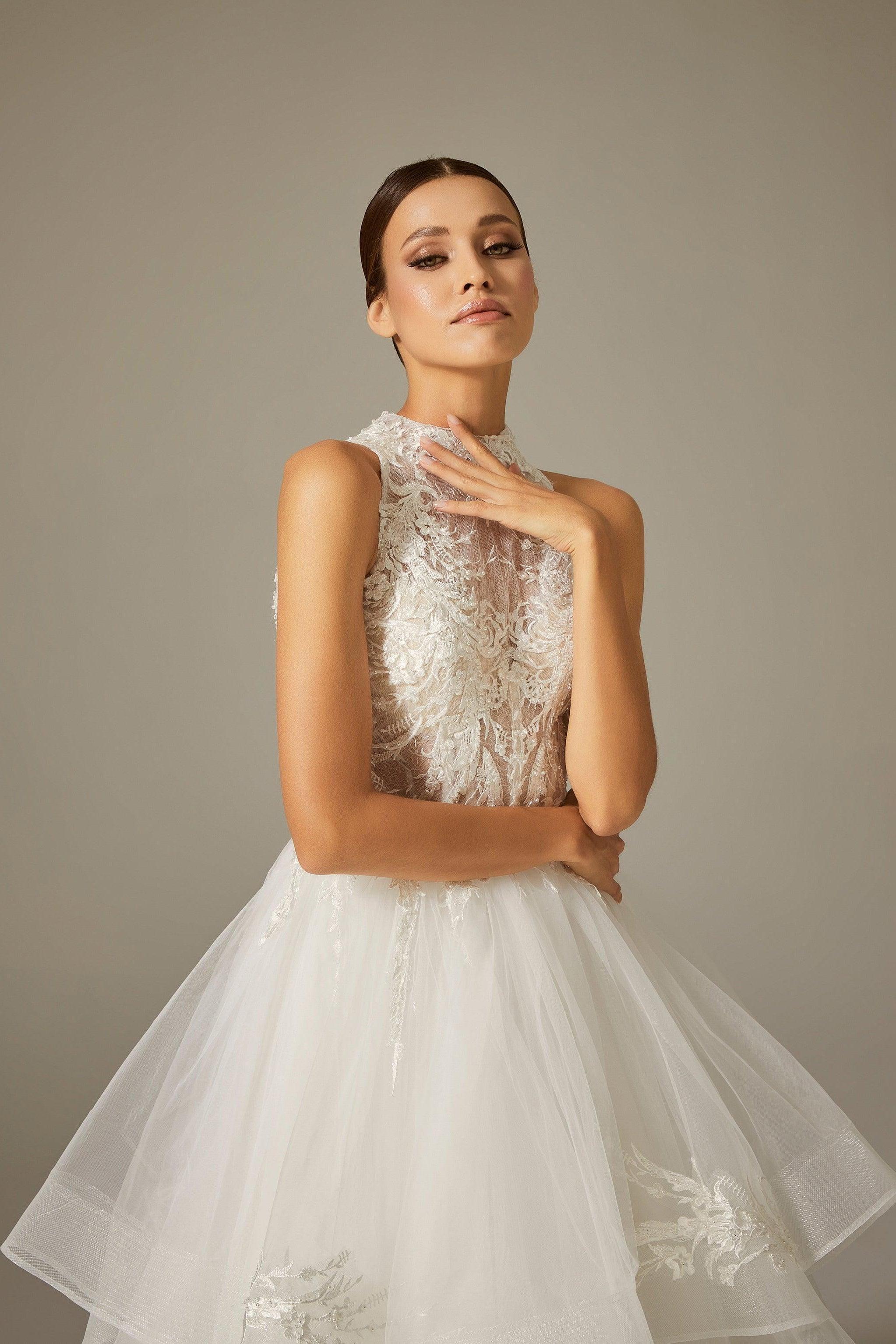 Ortega Halter Yaka Dantel Tül Bohem Gelinlik - Mediha Cambaz Bridal