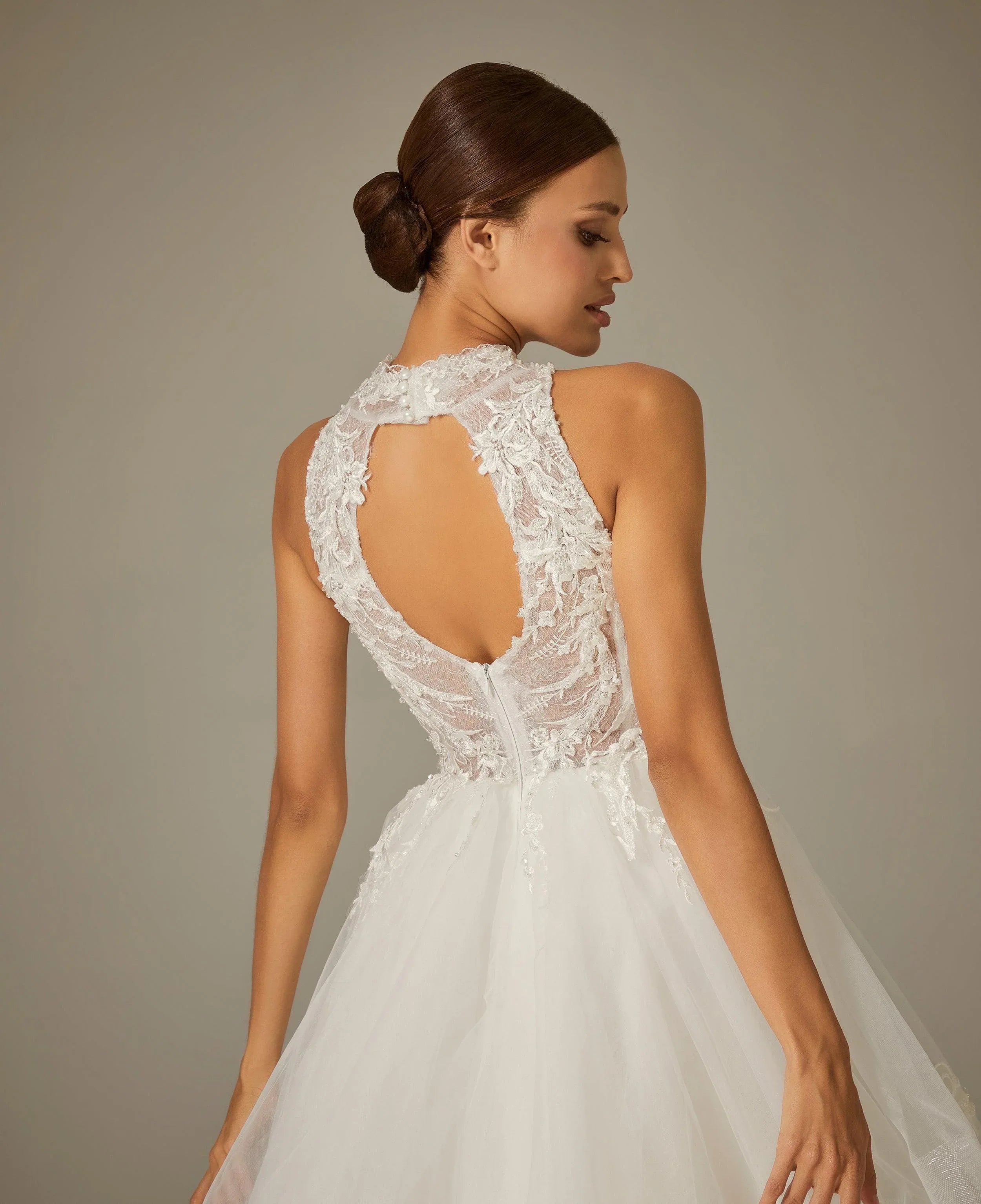 Ortega Halter Yaka Dantel Tül Bohem Gelinlik - Mediha Cambaz Bridal