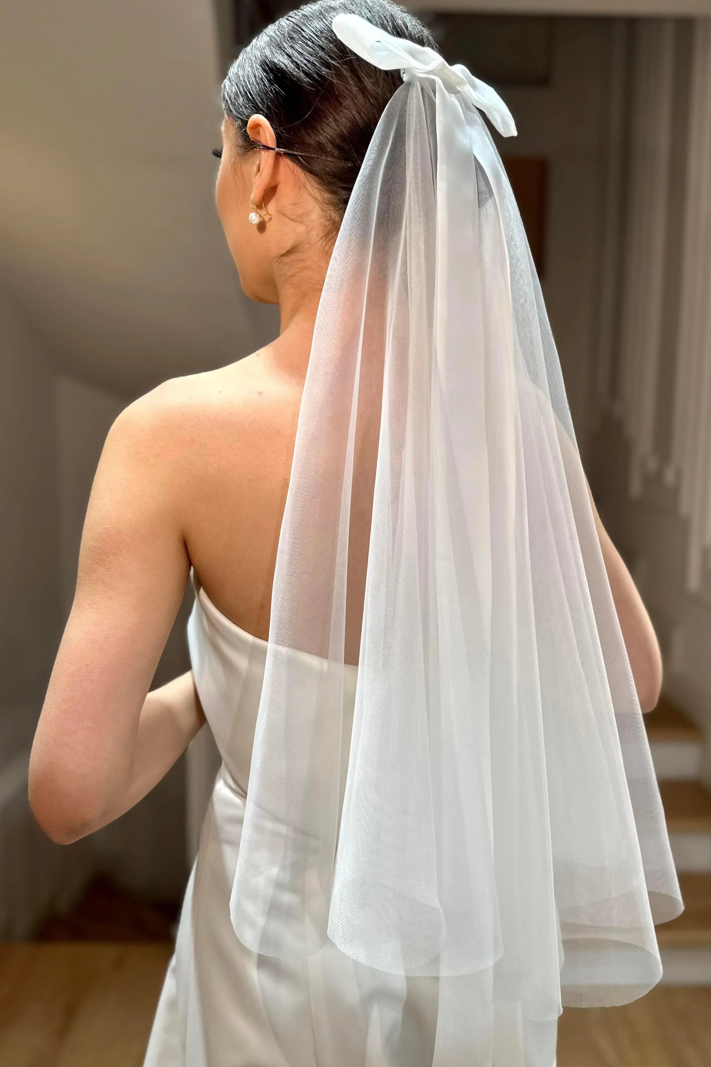 Parker Kırık Beyaz Fiyonklu Kısa İpek Tül Duvak - Mediha Cambaz Bridal
