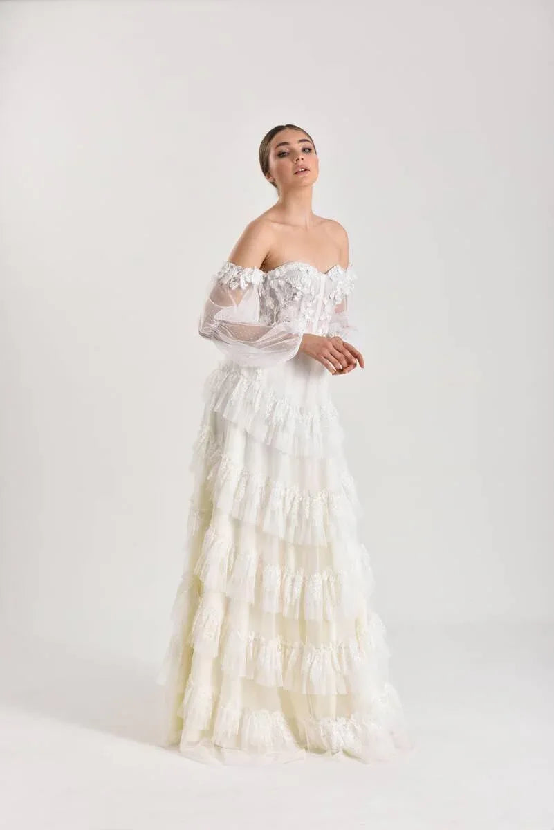 Phoneix Balon Kol Bohem Düz Kesim Gelinlik - Mediha Cambaz Bridal