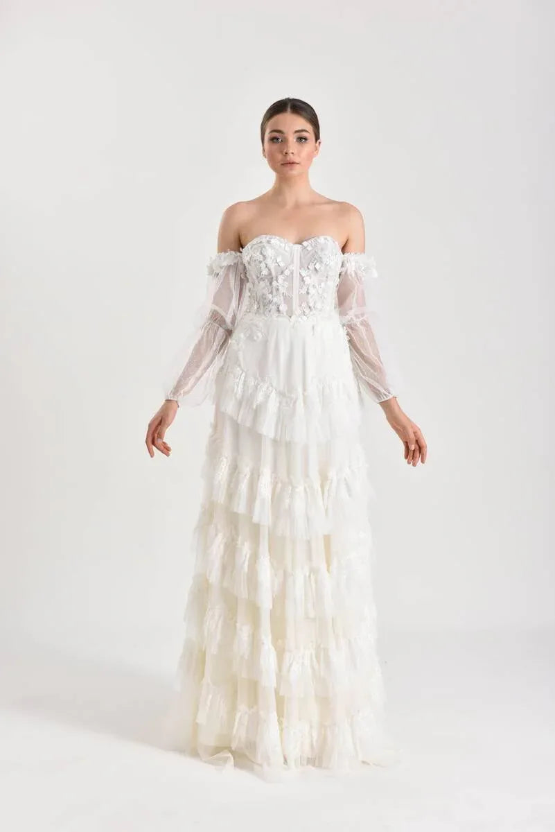 Phoneix Balon Kol Bohem Düz Kesim Gelinlik - Mediha Cambaz Bridal