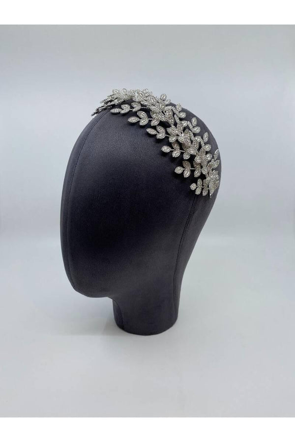 Pırlanta Mücevher İşçilikli Zirkon Taşlı Yaprak Desenli Bride Gelin Saç Aksesuarı Tacı - Mediha Cambaz Bridal