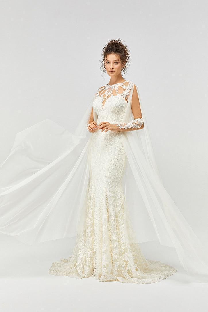 Pisces Fransız Dantel Pelerin Kol Balık Gelinlik - Mediha Cambaz Bridal