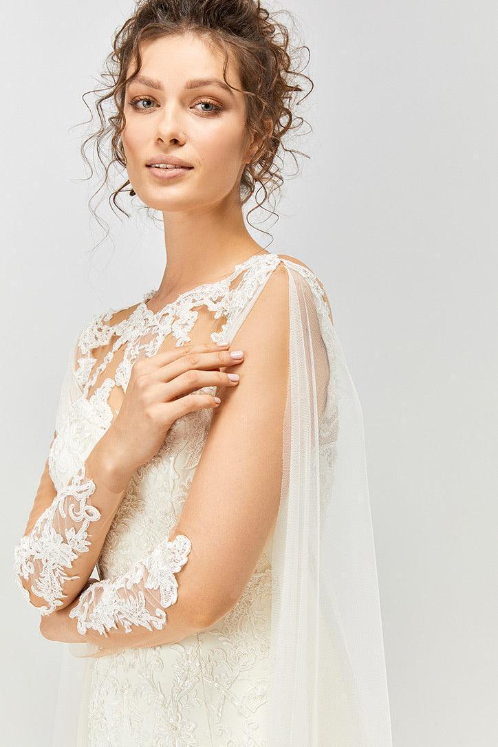 Pisces Fransız Dantel Pelerin Kol Balık Gelinlik - Mediha Cambaz Bridal
