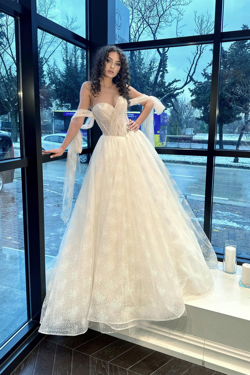 Rachel Printed Tulle Low Sleeve A-Line Wedding Dress | Mediha Cambaz Wedding Dress Mediha Cambaz Bridal Rachel Printed Tulle Low Sleeve A-Line Wedding Dress | Mediha Cambaz Wedding Dress Mediha Cambaz Bridal
