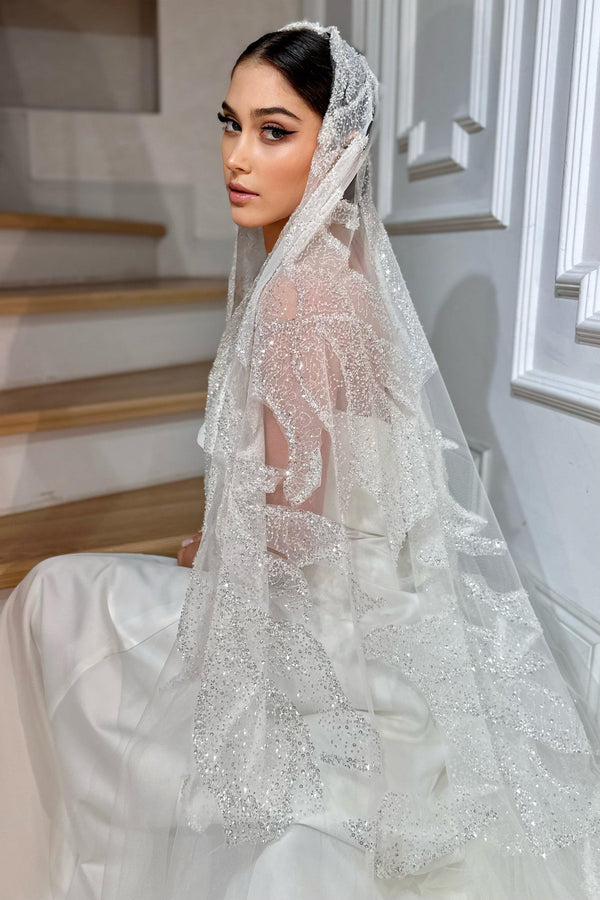 Rose Kasnak İşlemeli Özel Tasarım Uzun Duvak - Mediha Cambaz Bridal