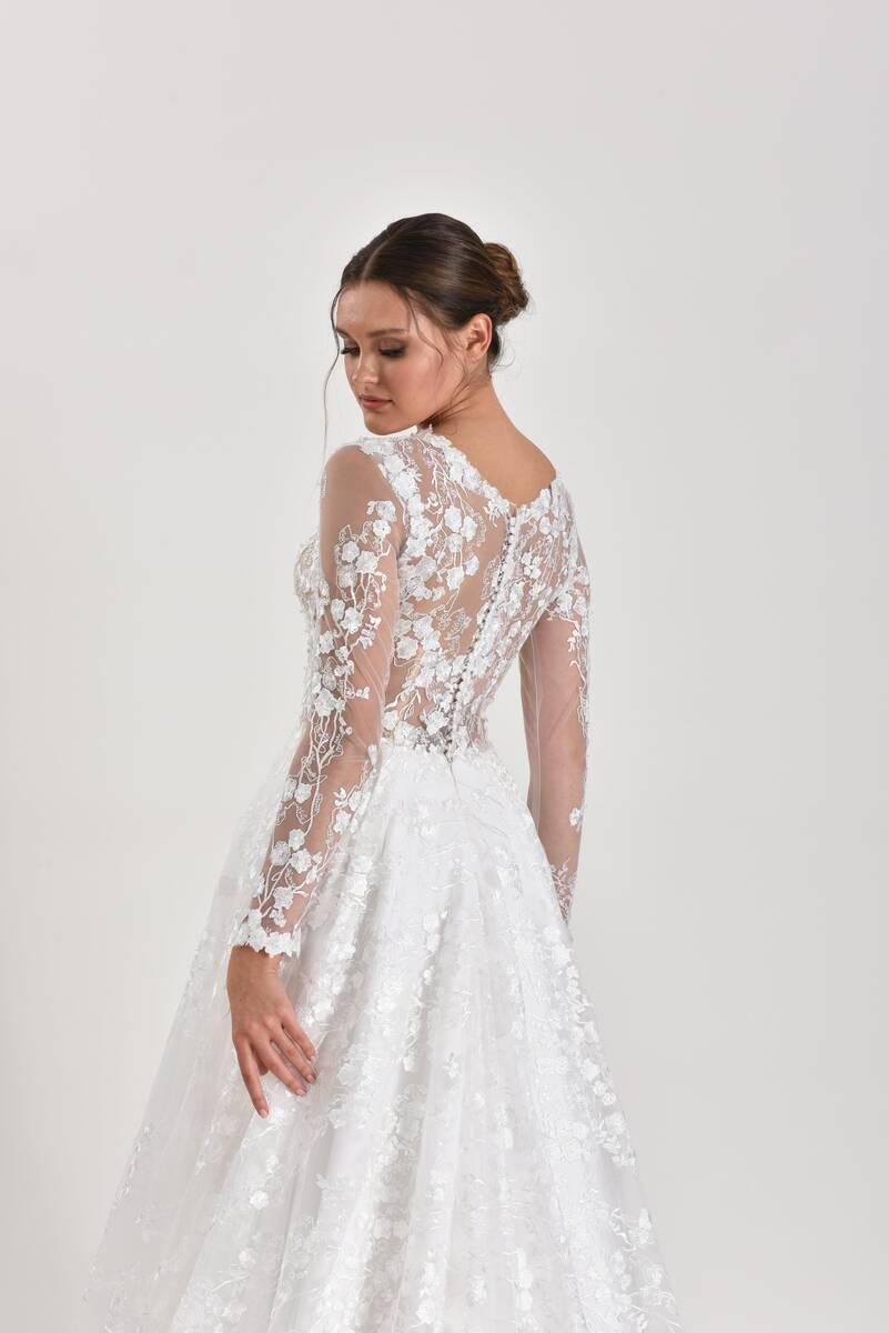 Sara Sarmaşık Desenli Yuvarlak Yaka Özel Tasarım A Kesim Gelinlik - Mediha Cambaz Bridal
