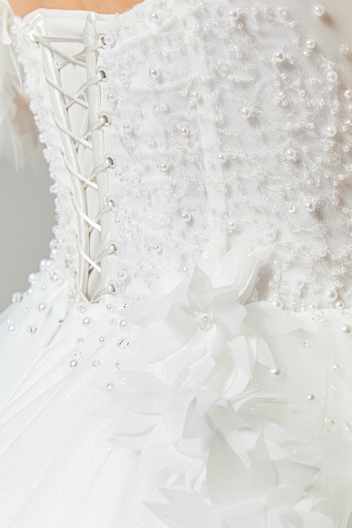 Serena İnci Detaylı Üç Boyut Dantelli A Kesim Gelinlik - Mediha Cambaz Bridal