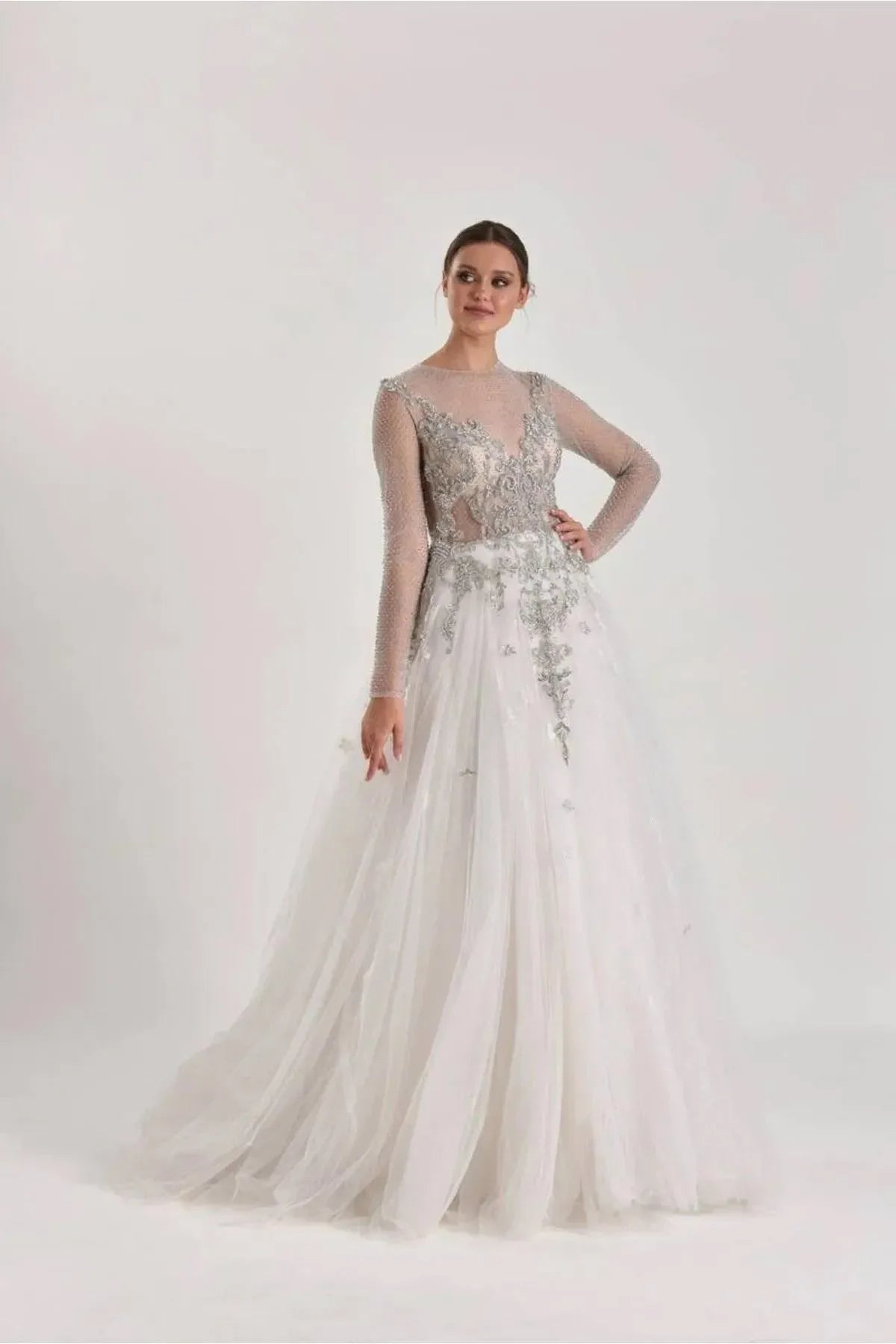 Silverstone Gri Dantelli A Kesim Gelinlik - Mediha Cambaz Bridal