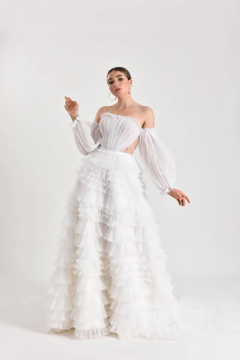 Sonya Fırfırlı Balon Kol Prenses Model Gelinlik - Mediha Cambaz Bridal