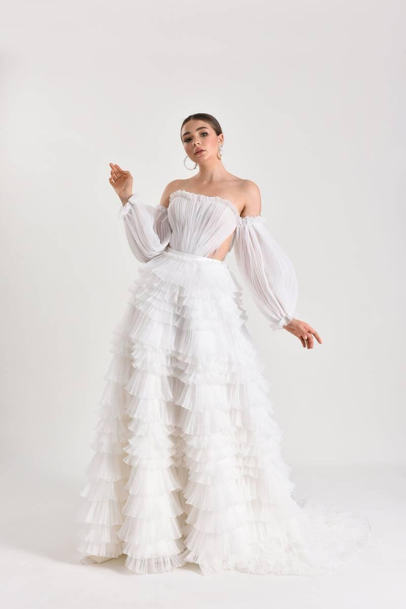 Sonya Fırfırlı Balon Kol Prenses Model Gelinlik - Mediha Cambaz Bridal