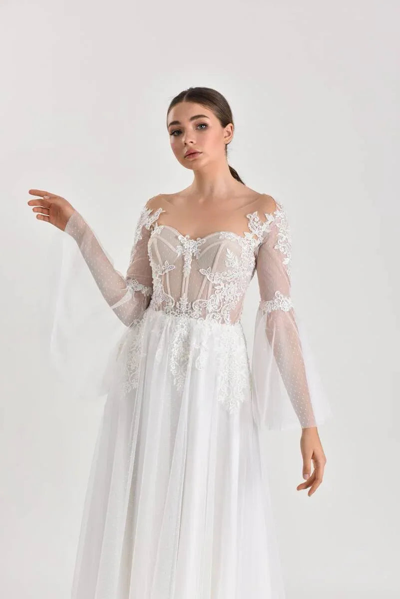 Taurus Puantiyeli Tül Düz Kesim Gelinlik - Mediha Cambaz Bridal