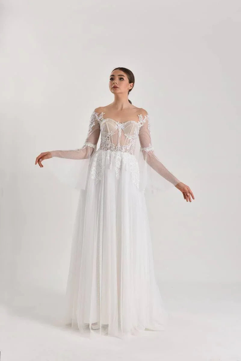 Taurus Puantiyeli Tül Düz Kesim Gelinlik - Mediha Cambaz Bridal