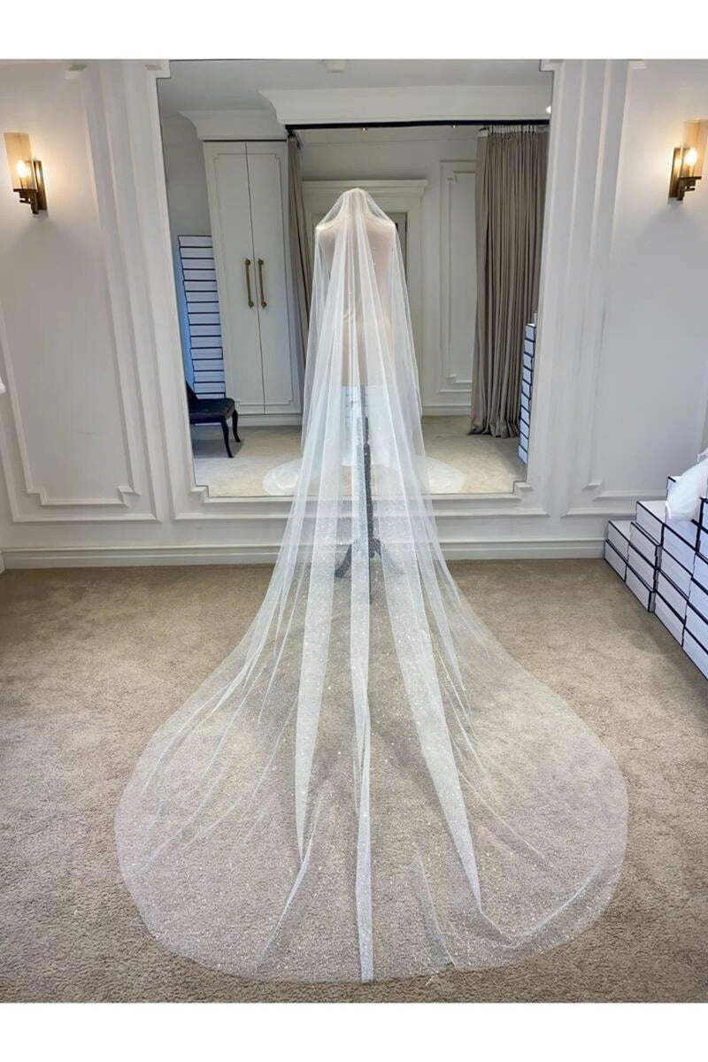 Uzun Rahibe Simli Kırık Beyaz Güzel Hayal Tül Duvak 250 cm - Mediha Cambaz Bridal