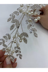 Yaprak Dallı Zirkon Taşlı İncili Gümüş Telli Saç Aksesuarı - Mediha Cambaz Bridal