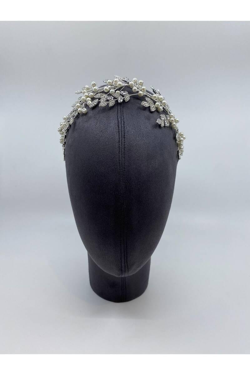 Yaprak Dallı Zirkon Taşlı İncili Gümüş Telli Saç Aksesuarı - Mediha Cambaz Bridal