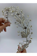 Yaprak Taş Desenli İncili Taşlı Gümüş Telli İthal Saç Aksesuarı - Mediha Cambaz Bridal
