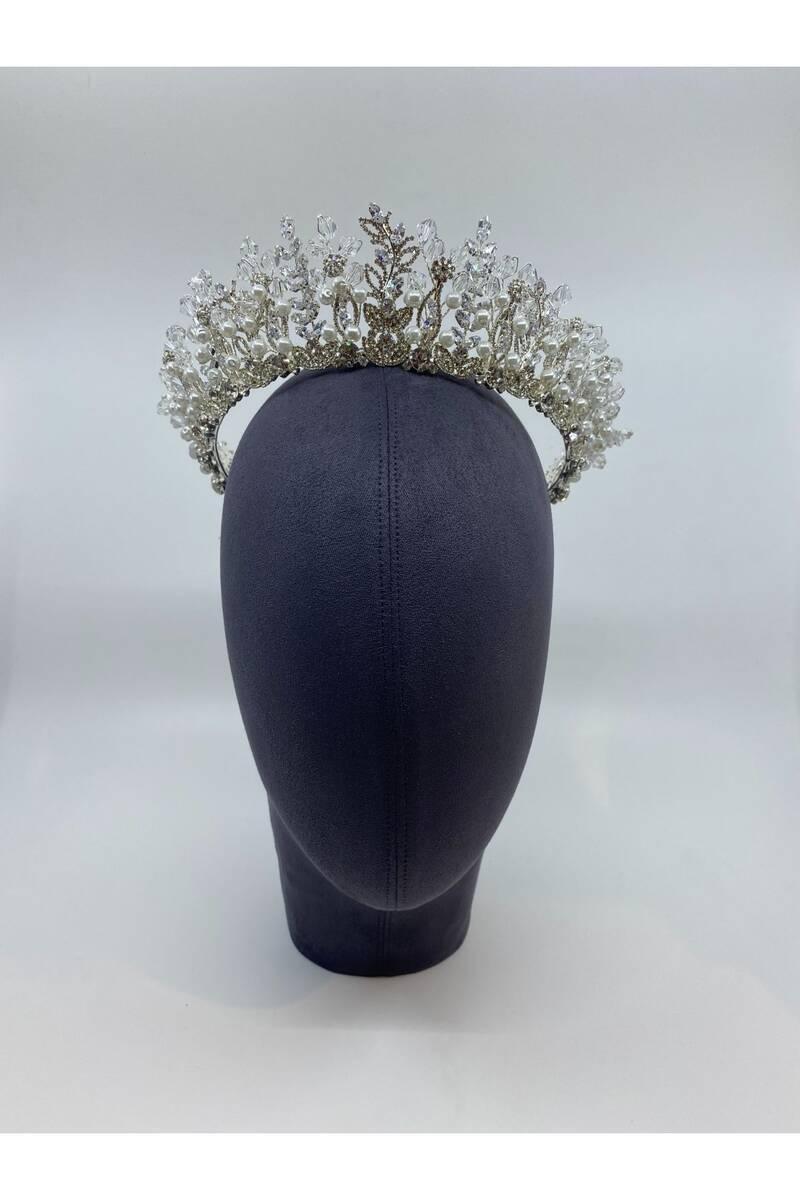 Zirkon Karışık Materyalli Yüksek 270 Derece Tur Gelin Tacı - Mediha Cambaz Bridal