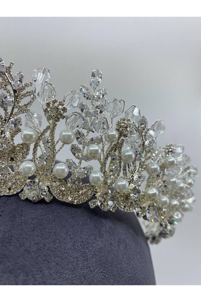 Zirkon Karışık Materyalli Yüksek 270 Derece Tur Gelin Tacı - Mediha Cambaz Bridal