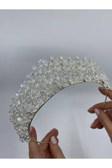 Zirkon Taşlı Şeffaf Damla Kristalli Yüksek Gelin Tacı - Mediha Cambaz Bridal